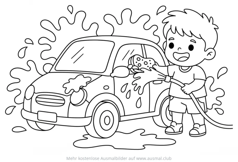 Junge wäscht Auto mit Wasserschlauch und Schwamm Ausmalbild