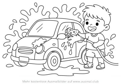 Junge wäscht Auto mit Wasserschlauch und Schwamm Ausmalbild