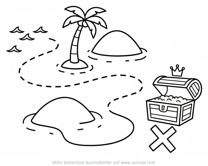 Schatzkarte mit Inseln, Palmen und Schatztruhe Ausmalbild
