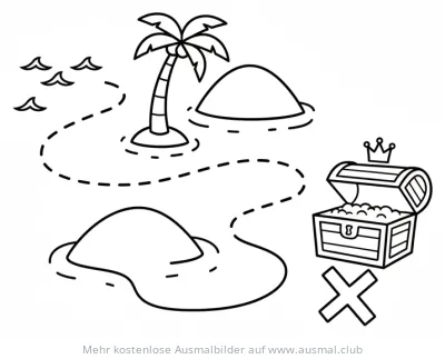 Schatzkarte mit Inseln, Palmen und Schatztruhe Ausmalbild