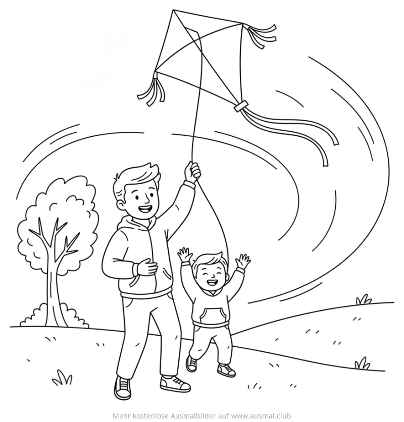 Vater und Sohn lassen Drachen steigen Ausmalbild