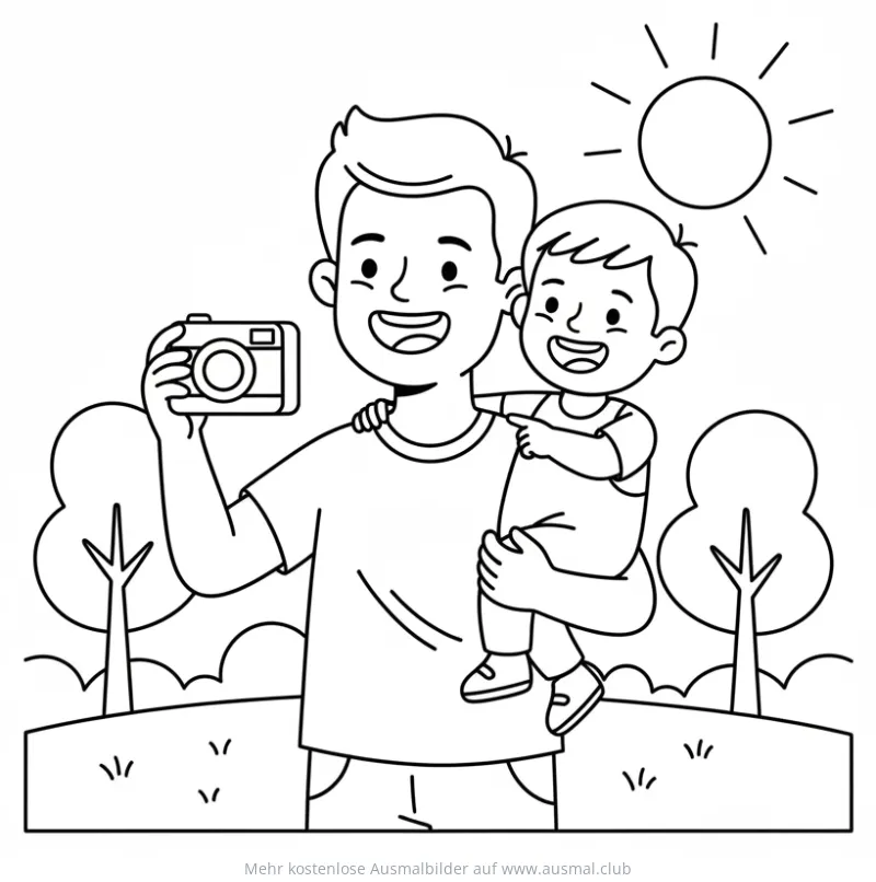 Vater hält Kind im Arm und macht Foto Ausmalbild