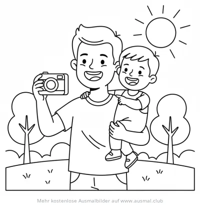 Vater hält Kind im Arm und macht Foto Ausmalbild