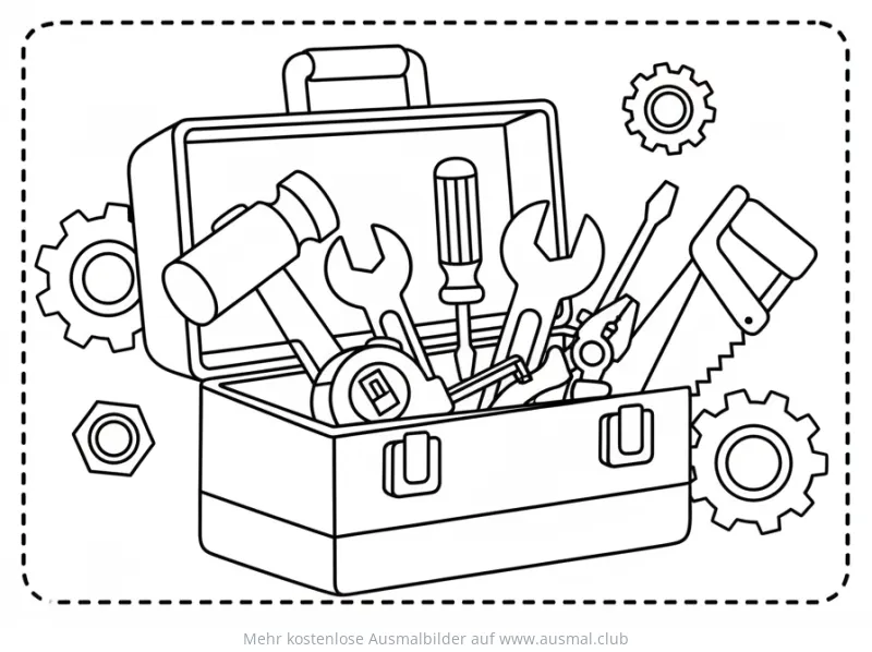 Werkzeugkiste mit Hammer, Schraubenschlüssel & Säge Ausmalbild