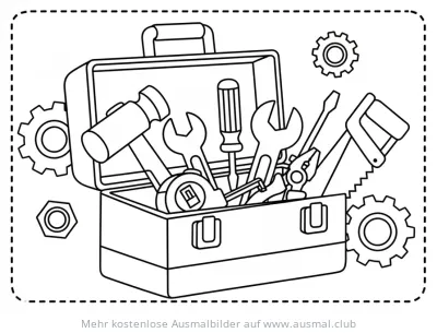 Werkzeugkiste mit Hammer, Schraubenschlüssel & Säge Ausmalbild