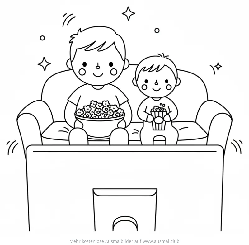 Vater und Kind schauen Kino mit Popcorn Ausmalbild