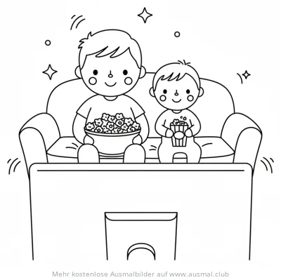 Vater und Kind schauen Kino mit Popcorn Ausmalbild