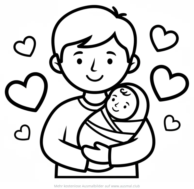 Vater hält Baby im Arm, Herzen im Hintergrund Ausmalbild