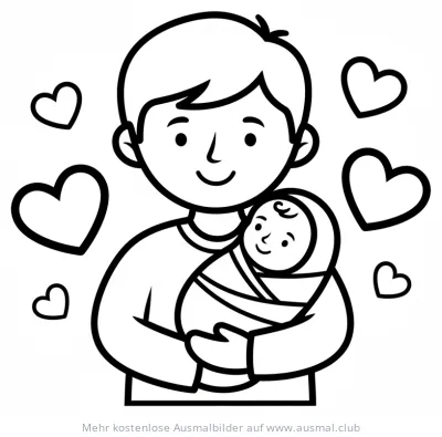 Vater hält Baby im Arm, Herzen im Hintergrund Ausmalbild
