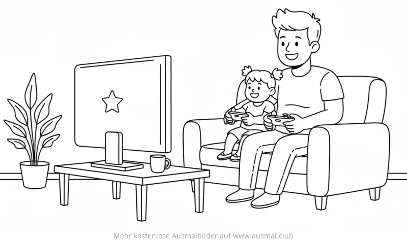 Vater und Tochter spielen Videospiele Ausmalbild