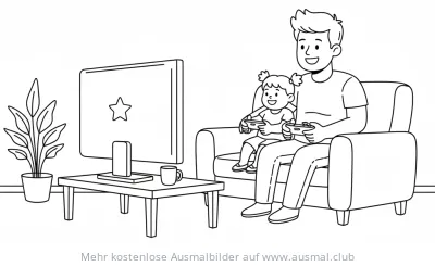 Vater und Tochter spielen Videospiele Ausmalbild