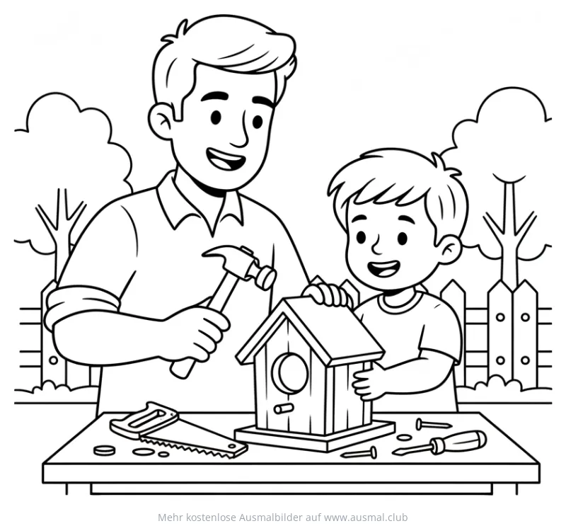 Vater und Sohn bauen Vogelhaus Ausmalbild