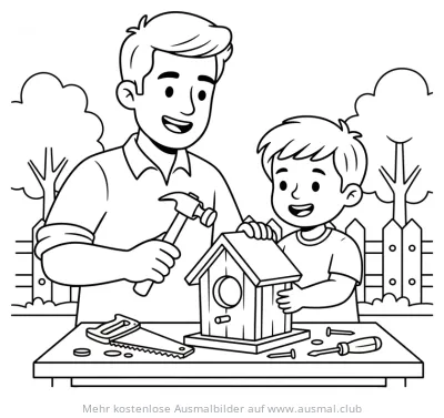 Vater und Sohn bauen Vogelhaus Ausmalbild