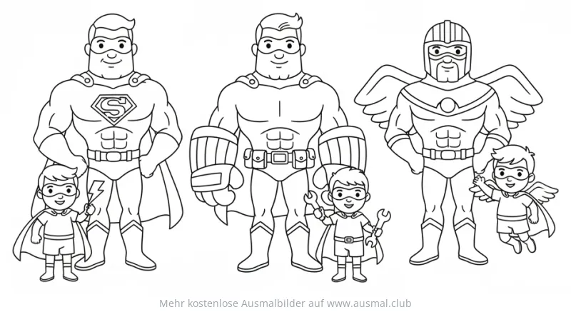 Superhelden Väter mit ihren Kindern Ausmalbild