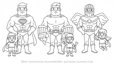 Superhelden Väter mit ihren Kindern Ausmalbild