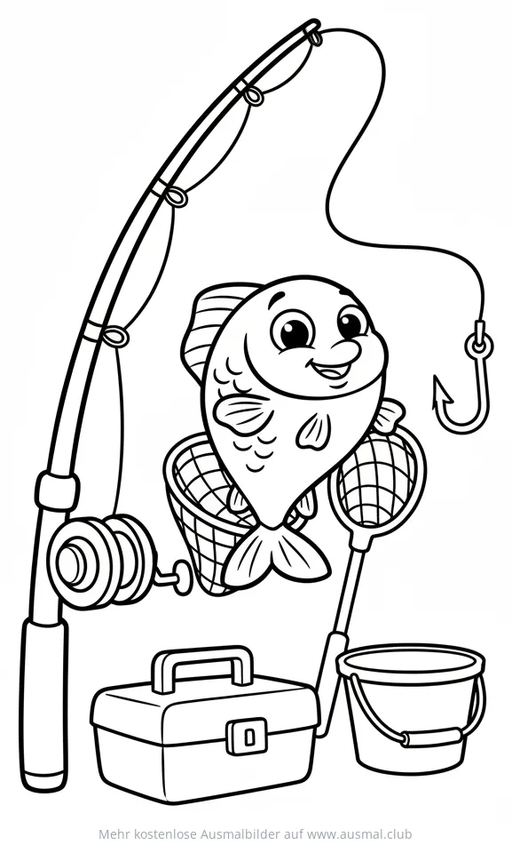 Angelausrüstung mit Fisch Ausmalbild