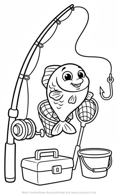 Angelausrüstung mit Fisch Ausmalbild