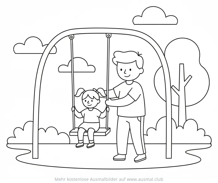 Vater schiebt Tochter auf Schaukel Ausmalbild