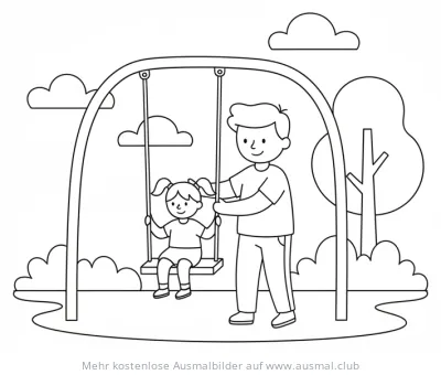 Vater schiebt Tochter auf Schaukel Ausmalbild