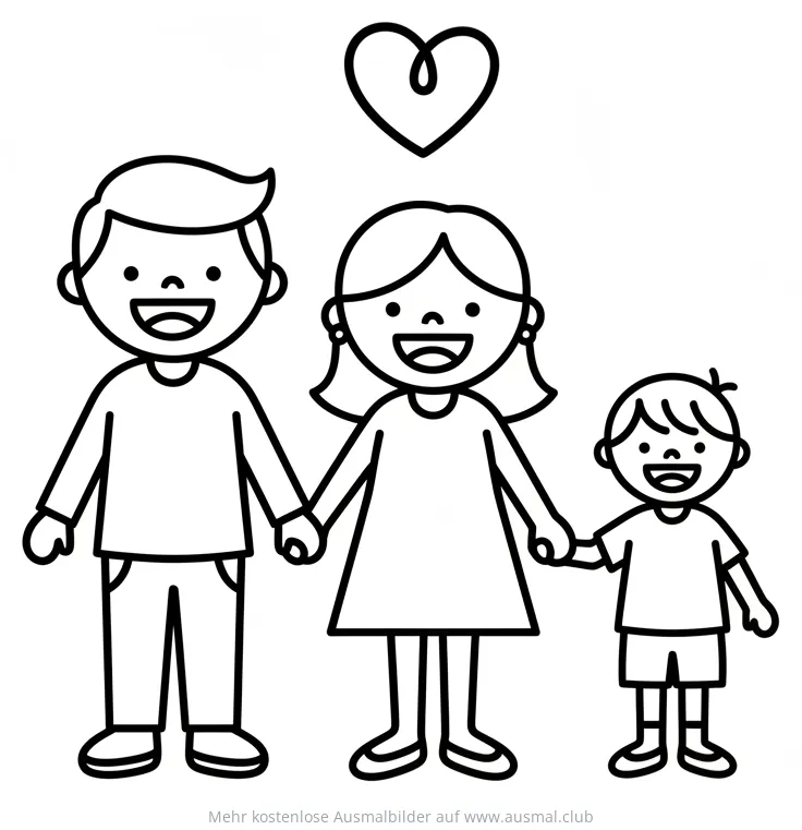 Familie hält Händchen unter einem Herz Ausmalbild