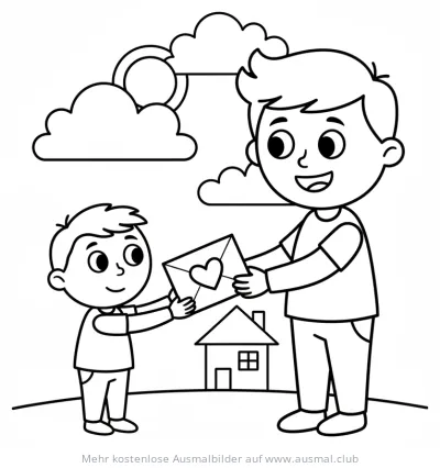 Vater und Sohn mit Vatertagskarte Ausmalbild