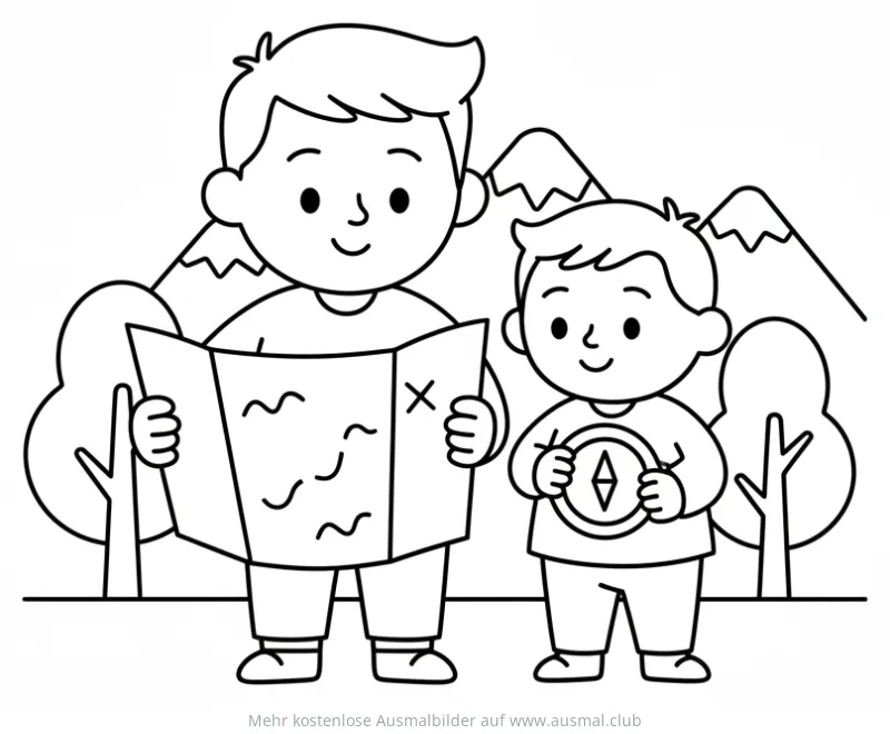 Vater und Sohn beim Kartenlesen Ausmalbild