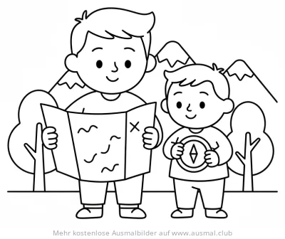 Vater und Sohn beim Kartenlesen Ausmalbild