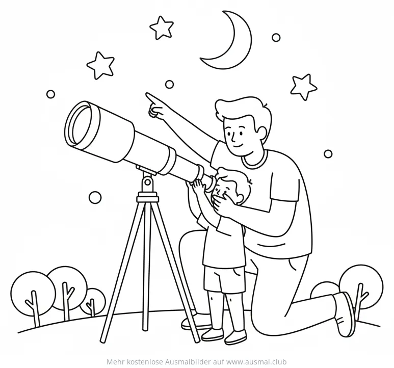 Vater und Sohn schauen durch Teleskop Ausmalbild mit Sternen und Mond