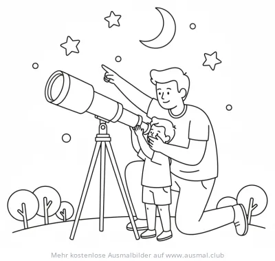 Vater und Sohn schauen durch Teleskop Ausmalbild mit Sternen und Mond