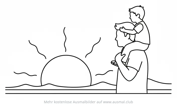 Vater trägt Sohn auf Schultern beim Sonnenuntergang Ausmalbild
