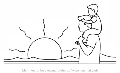 Vater trägt Sohn auf Schultern beim Sonnenuntergang Ausmalbild