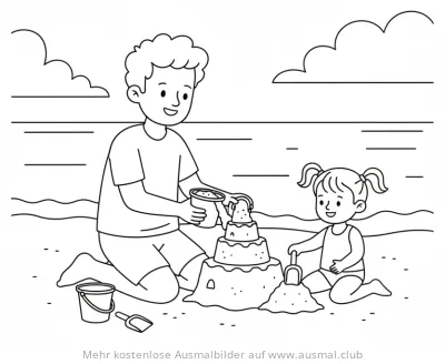 Vater und Tochter bauen Sandburg Ausmalbild