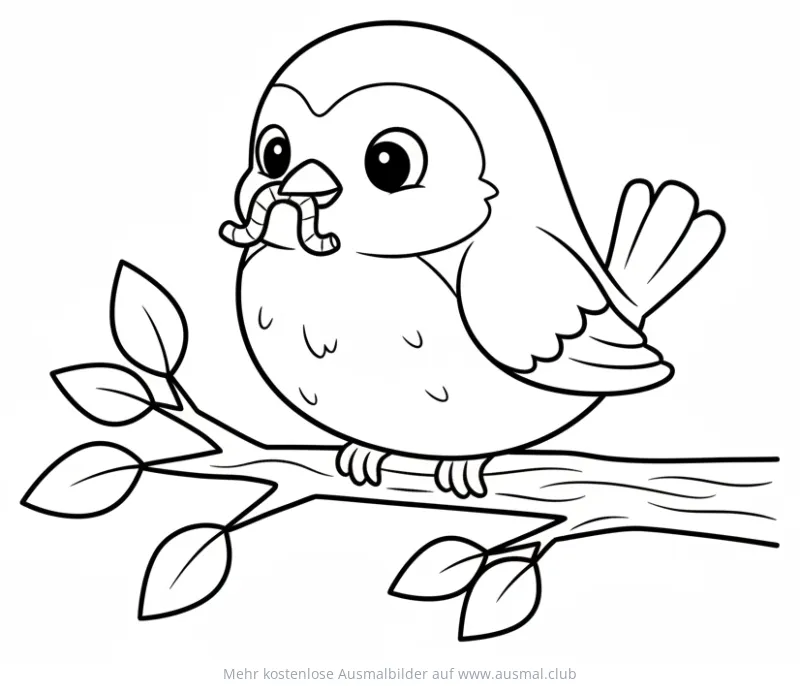 Rotkehlchen sitzt auf Ast mit Wurm Ausmalbild