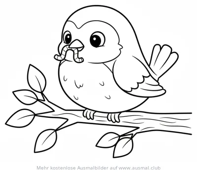 Rotkehlchen sitzt auf Ast mit Wurm Ausmalbild