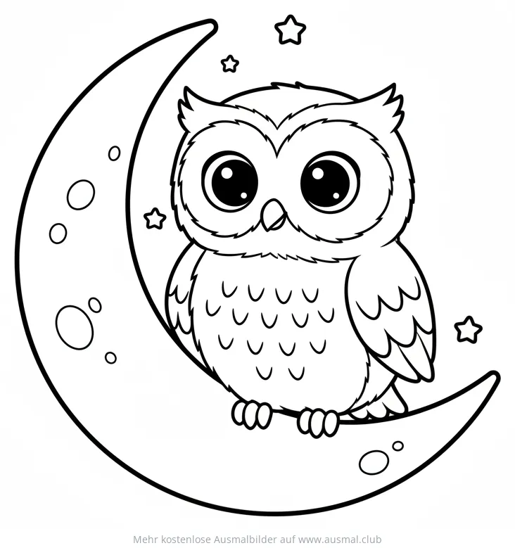 Niedliche Eule sitzt auf Mondsichel Ausmalbild