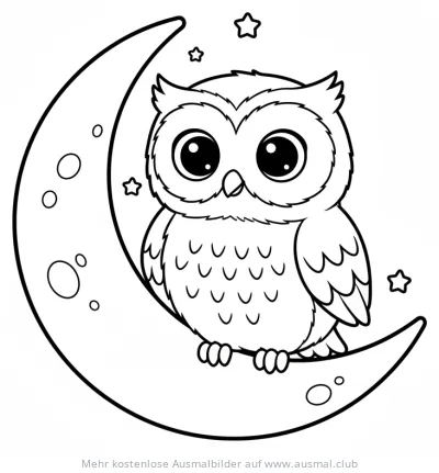 Niedliche Eule sitzt auf Mondsichel Ausmalbild