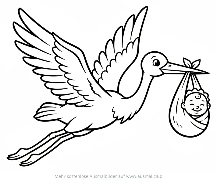 Storch mit Baby im Tuch Ausmalbild