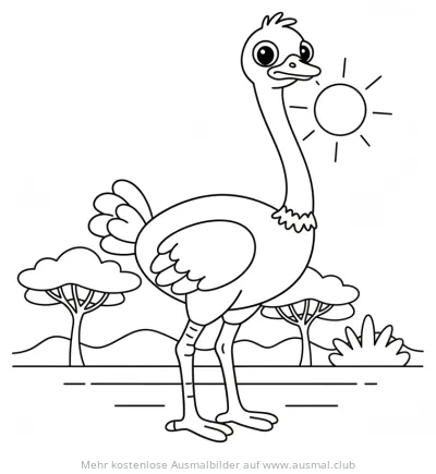Cartoon Strauss Ausmalbild in Savannenlandschaft