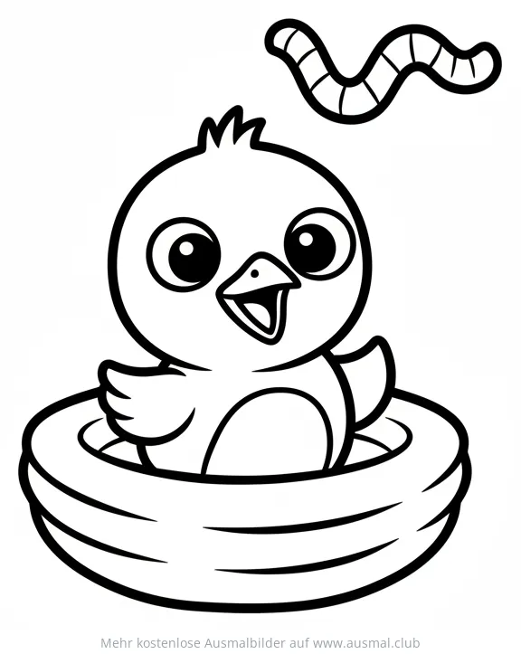 Süßes Vogelbaby im Nest mit Wurm darüber Ausmalbild