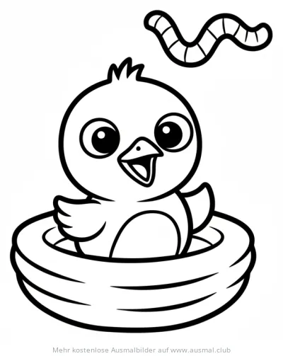 Süßes Vogelbaby im Nest mit Wurm darüber Ausmalbild