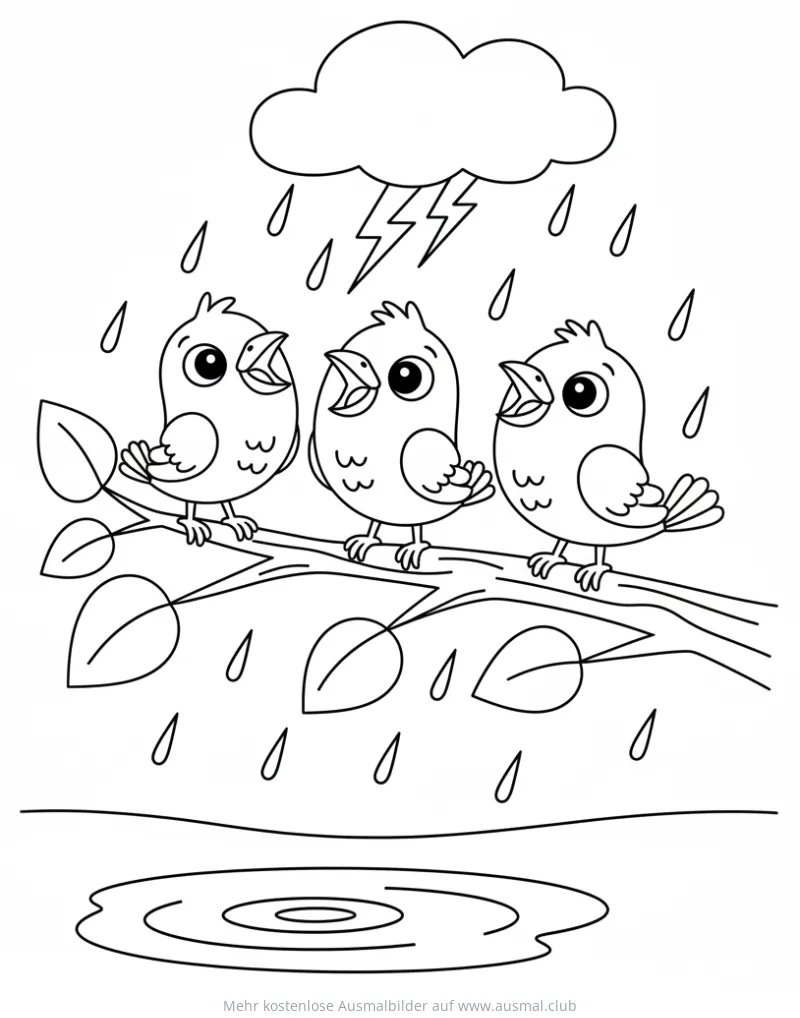 Drei Vögel im Regen auf einem Ast Ausmalbild