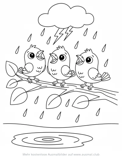 Drei Vögel im Regen auf einem Ast Ausmalbild