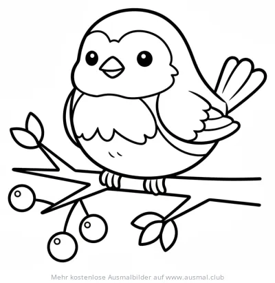 Niedliches Rotkehlchen sitzt auf Ast mit Beeren Ausmalbild