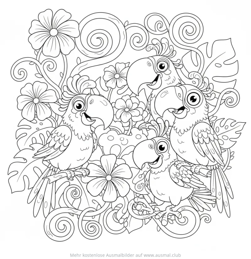 Vier Papageien in Blumenlandschaft Ausmalbild