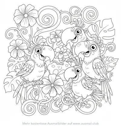 Vier Papageien in Blumenlandschaft Ausmalbild