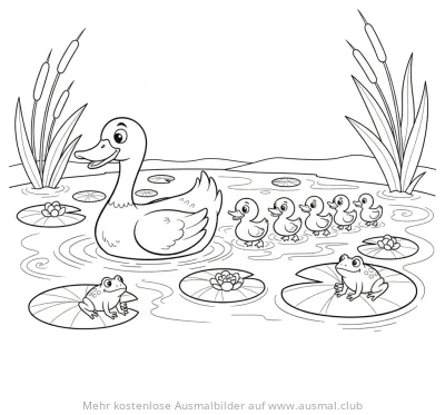 Entenmutter mit Küken und Fröschen im Teich Ausmalbild