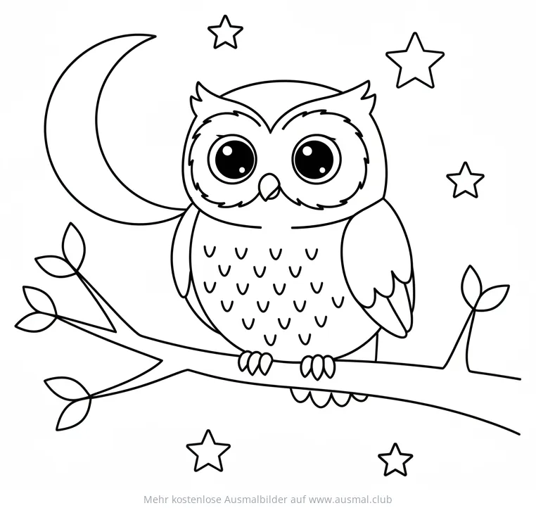 Niedliche Eule sitzt auf Ast, Mond und Sterne im Hintergrund Ausmalbild