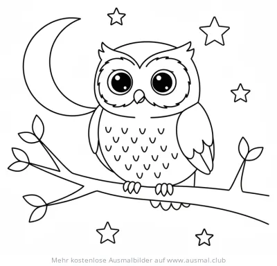 Niedliche Eule sitzt auf Ast, Mond und Sterne im Hintergrund Ausmalbild