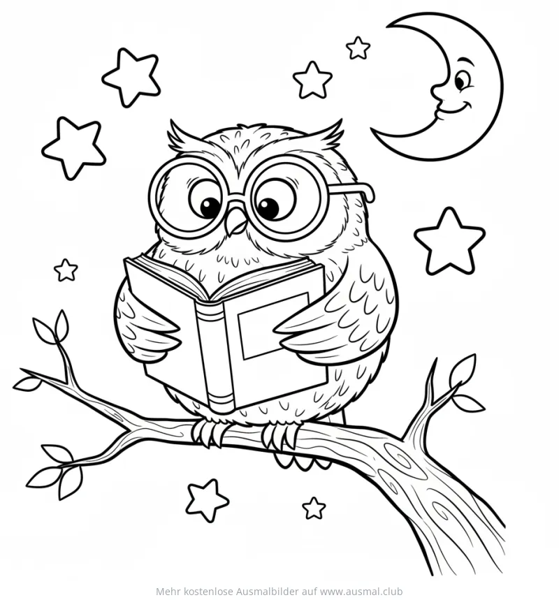 Eule mit Brille liest Buch auf Ast, Mond und Sterne Ausmalbild