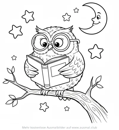 Eule mit Brille liest Buch auf Ast, Mond und Sterne Ausmalbild